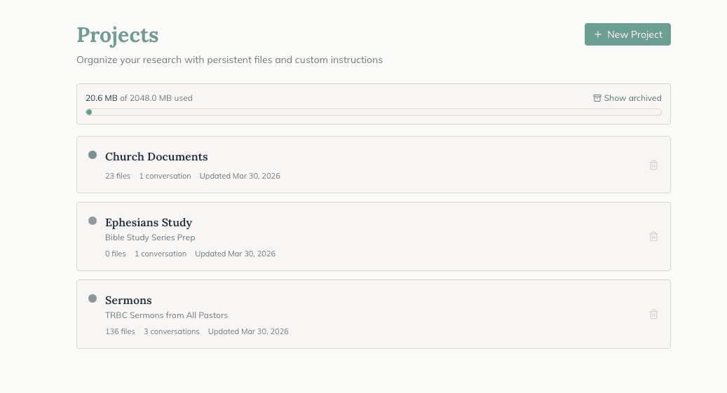 Theostack projects page showing Church Documents, Ephesians Study, and Sermons projects